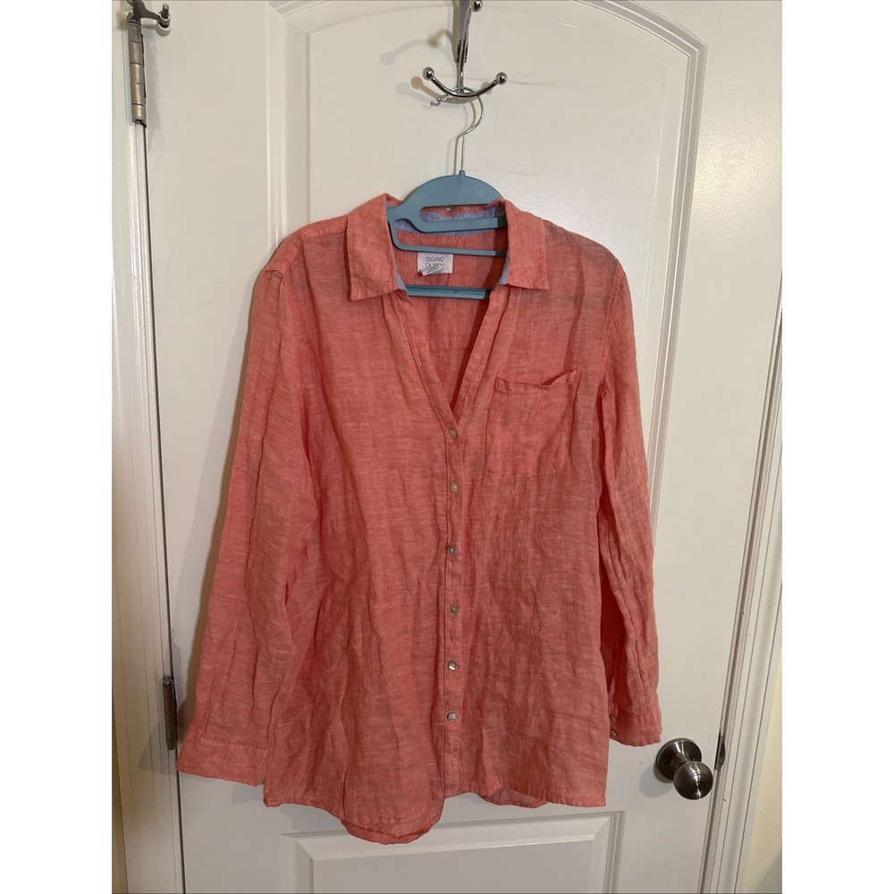 Sigrid Olsen Womens Coral 100% Linen Button Down Shirt Roll Tab Sleeve Size S